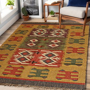 Rugsville Public Multi Bohemian Kilim Jute Dhurrie Rug (120 x 180 cm)