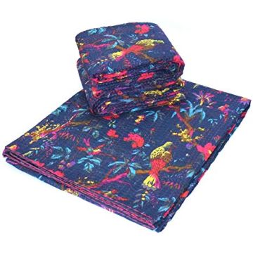 Rugsville Designer Bird Printed Premium Cotton Blue Kantha King Quilt 90" X 108"