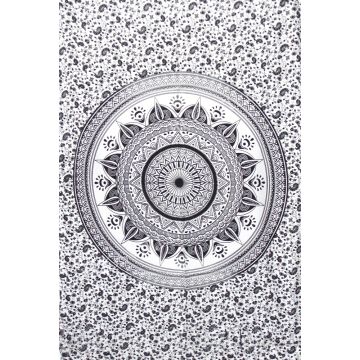 Rugsville Wall Hanging Mandala Room Decoration Diya Baati Black and White Tapestry 84 X 54 Inches