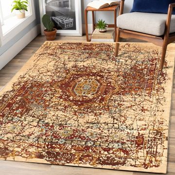 Rugsville Oxidye Ivory Brown Wool Silk Designer Persian Rug 63383