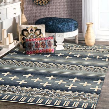 Rugsville Larkin Tribal Blue Geometric Persian Rug (158 x 225 cm)