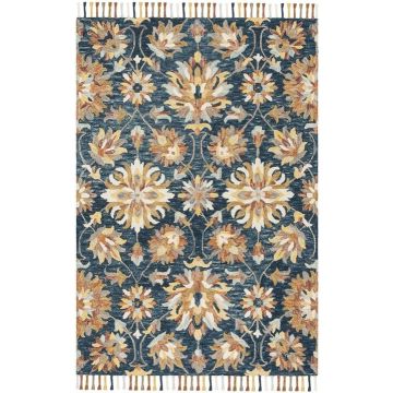 Tuscan Blue Gold Floral Handmade Wool Rug