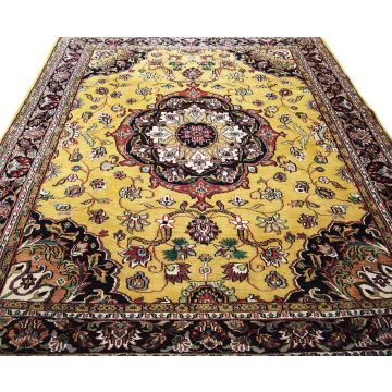 Moga Persian Tabriz Gold Black Hand Knotted Wool Rug