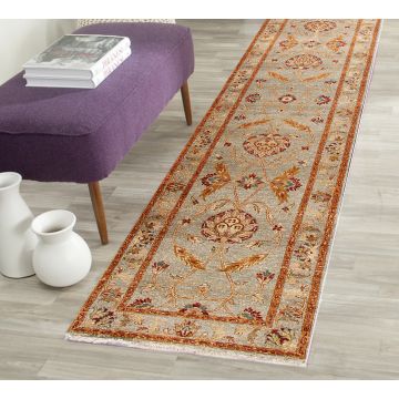 Rugsville Satin Traditional Floral Gray Hand Knotted Wool Rug (90 x 360 cm) Runner